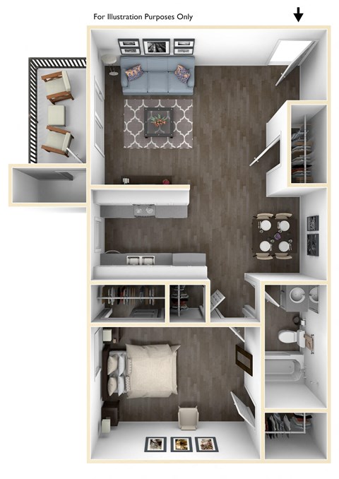 Floor plan for 1 bed, 1 bath, 700 sqft
